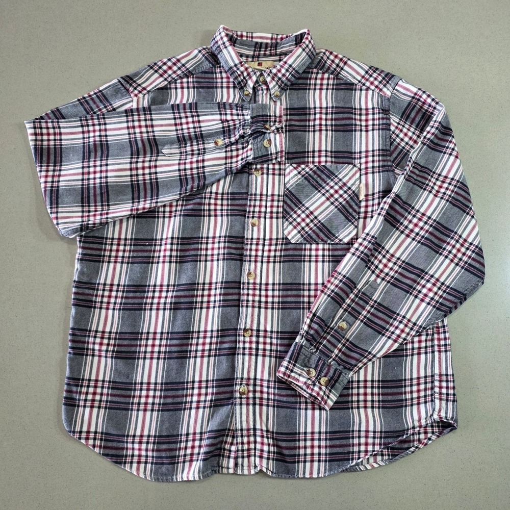 Woolrich Mens XL Grey Red White Plaid Flannel Button Down Shirt Long Sleeve